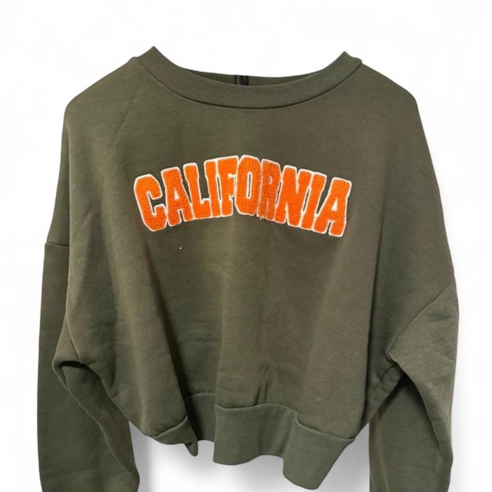 Othr Olive Cropped Sweatshirt with Orange 'California' Chenille